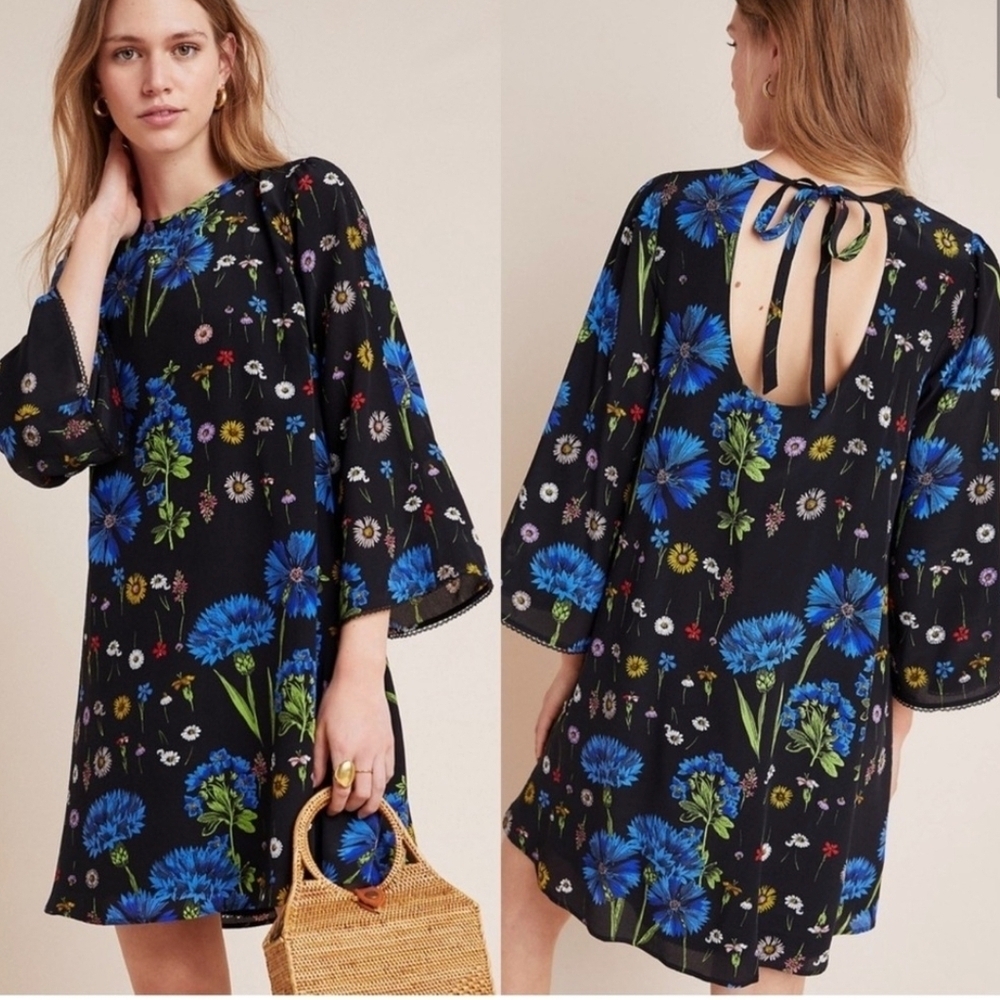 Maeve Black Silk Dress with Blue and Green Floral Pattern Size Small